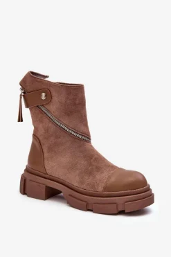 Modne Damskie Zamszowe Botki Na Suwak Ciemnobeżowe Kandell
