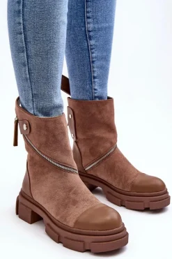 Modne Damskie Zamszowe Botki Na Suwak Ciemnobeżowe Kandell