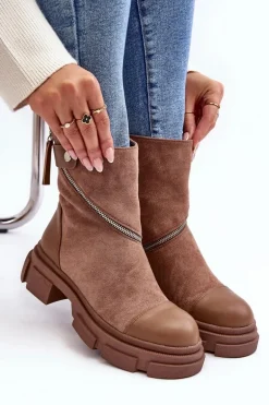 Modne Damskie Zamszowe Botki Na Suwak Ciemnobeżowe Kandell