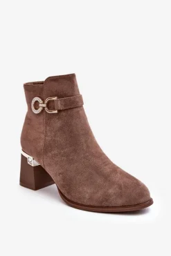 Modne Damskie Zamszowe Botki Brązowe Nola