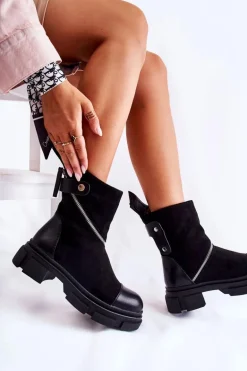 Modne Damskie Zamszowe Botki Na Suwak Czarne Kandell