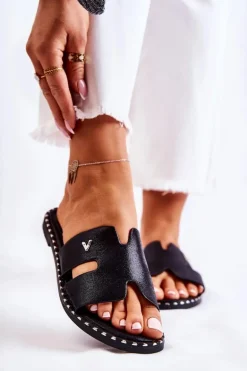 Modne Klapki Damskie Z Emblematem Czarne Miquel