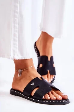 Modne Klapki Damskie Z Emblematem Czarne Miquel