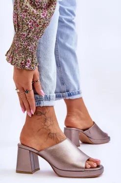 Modne Klapki Na Obcasie Sergio Leone KL322 Ciemnosrebrne