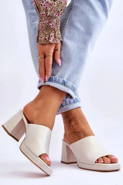 Modne Klapki Na Obcasie Sergio Leone KL322 Perłowe