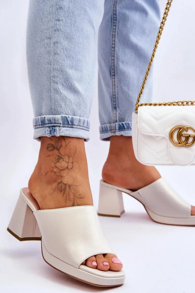 Modne Klapki Na Obcasie Sergio Leone KL322 Perłowe