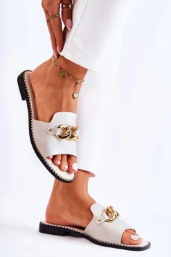 Modne Klapki Z Łańcuchem Na Płaskim Obcasie Złote Finess