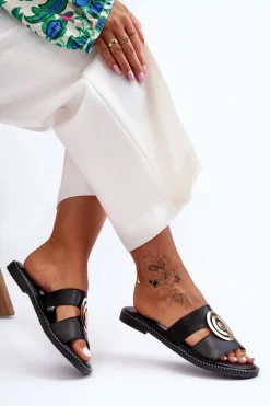 Modne Klapki Z Lustrzaną Ozdobą Czarne Deep Breath