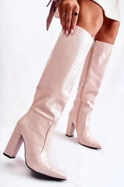 Modne Kozaki Na Słupku Beżowe Constancy