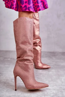 Modne Kozaki Na Szpilce Z Cyrkoniami Różowe Lovisa