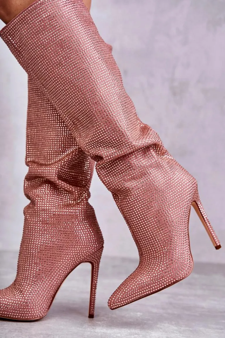 Modne Kozaki Na Szpilce Z Cyrkoniami Różowe Lovisa