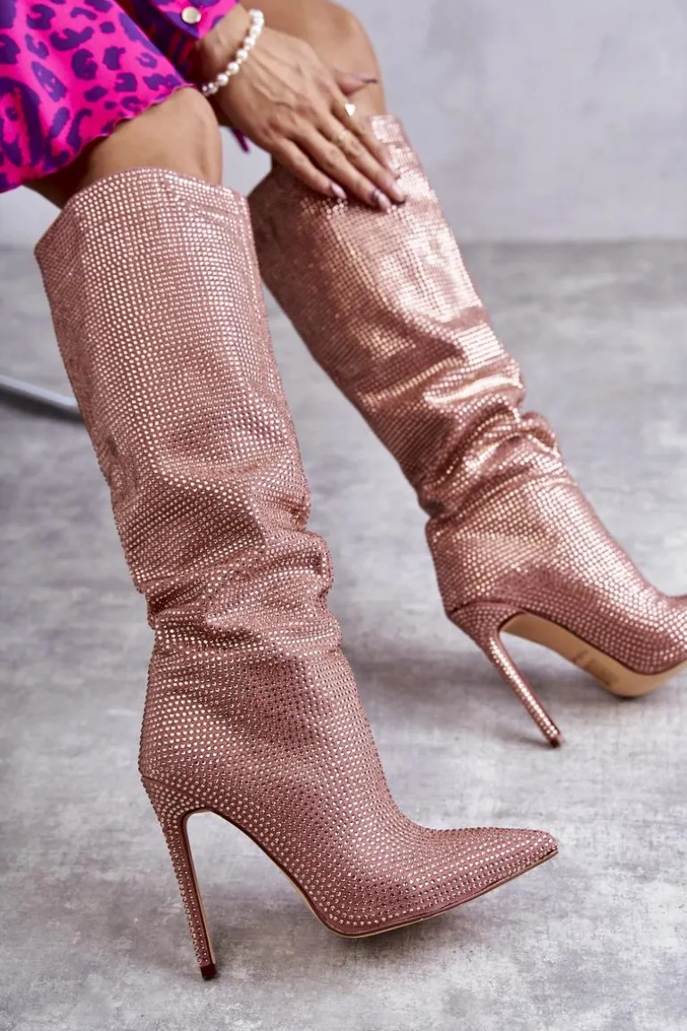 Modne Kozaki Na Szpilce Z Cyrkoniami Różowe Lovisa