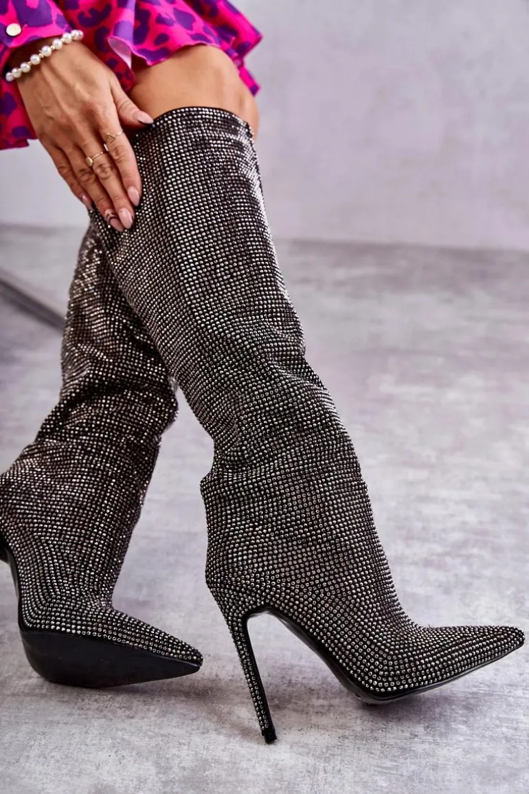 Modne Kozaki Na Szpilce Z Cyrkoniami Czarne Lovisa