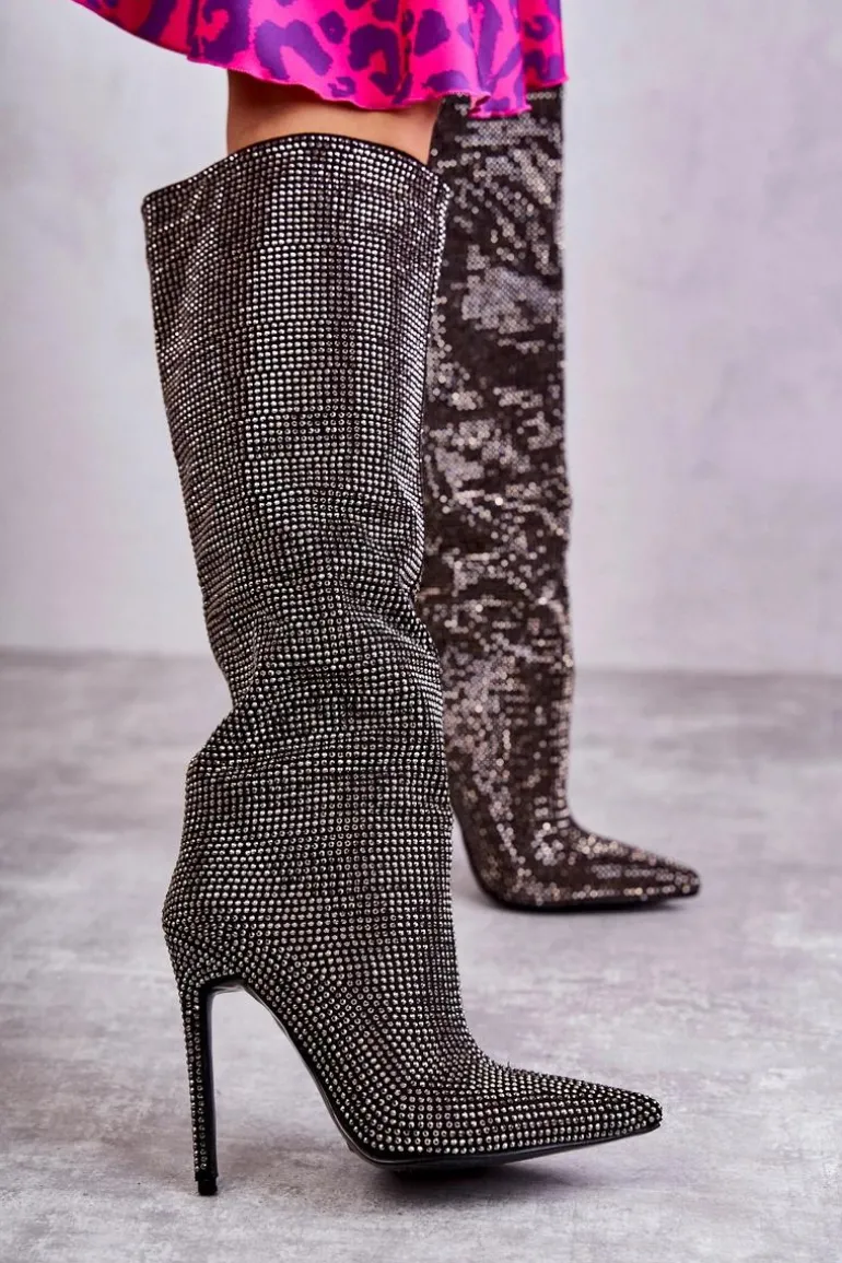 Modne Kozaki Na Szpilce Z Cyrkoniami Czarne Lovisa