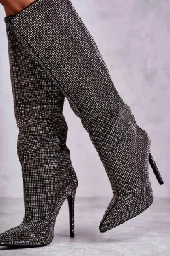 Modne Kozaki Na Szpilce Z Cyrkoniami Czarne Lovisa