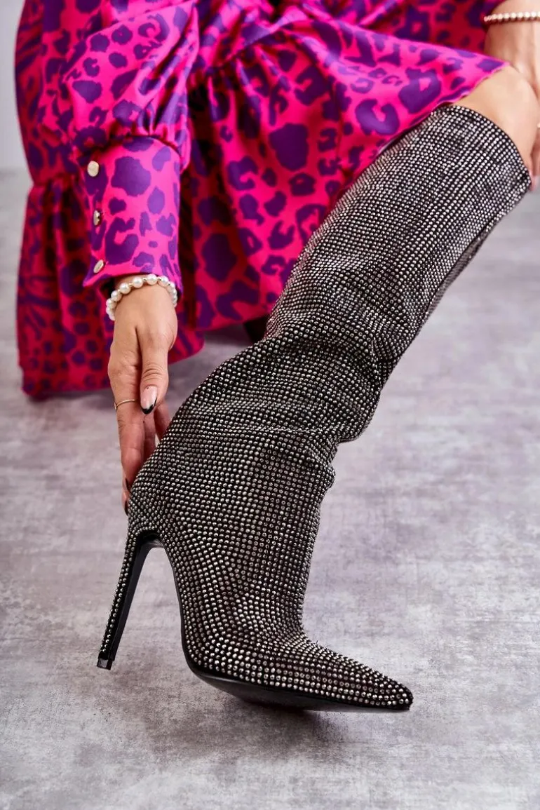 Modne Kozaki Na Szpilce Z Cyrkoniami Czarne Lovisa