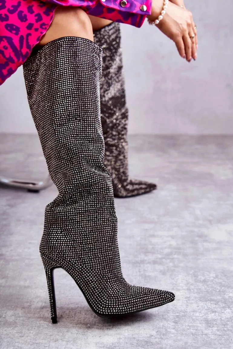 Modne Kozaki Na Szpilce Z Cyrkoniami Czarne Lovisa