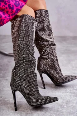 Modne Kozaki Na Szpilce Z Cyrkoniami Czarne Lovisa