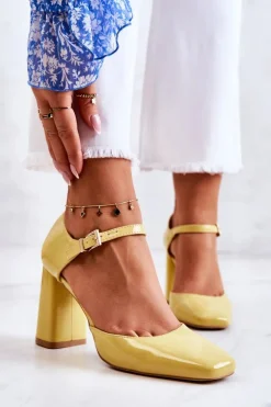 Modne Lakierowane Czółenka Na Słupku Żółte Maoris