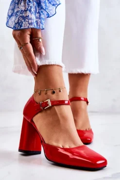 Modne Lakierowane Czółenka Na Słupku Czerwone Maoris