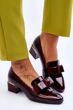 Modne Lakierowane Czółenka Z Ozdobną Kokardą Bordowe Shira