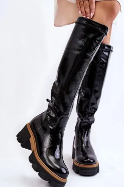 Modne Lakierowane Damskie Kozaki Przed Kolano Czarne Venise