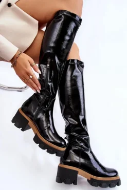 Modne Lakierowane Damskie Kozaki Przed Kolano Czarne Venise