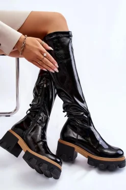 Modne Lakierowane Damskie Kozaki Przed Kolano Czarne Venise