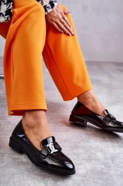 Modne Lakierowane Półbuty Loafery Czarne Trine