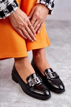 Modne Lakierowane Półbuty Loafery Czarne Trine