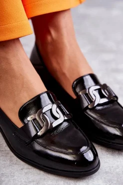 Modne Lakierowane Półbuty Loafery Czarne Trine