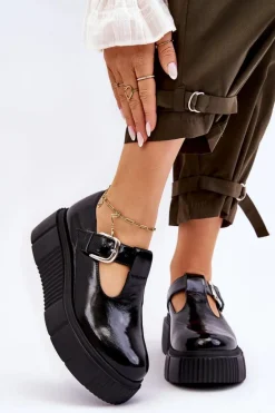 Modne Lakierowane Półbuty Na Masywnej Platformie Czarne Colson