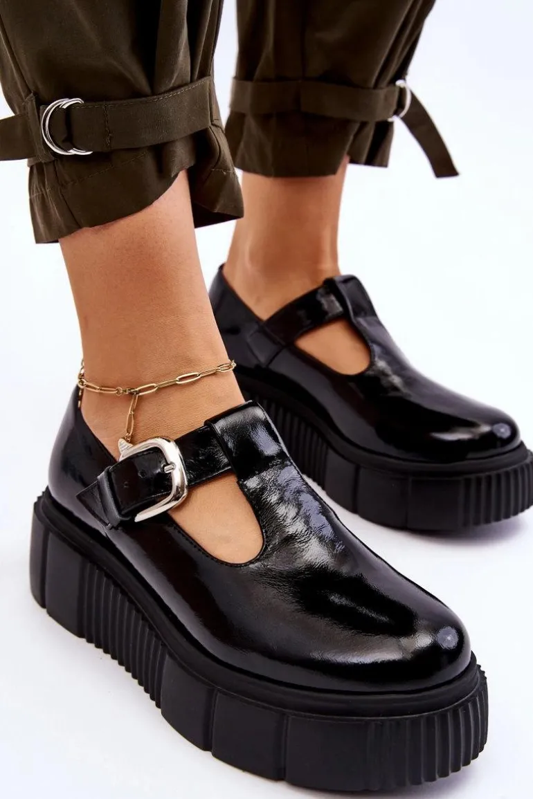Modne Lakierowane Półbuty Na Masywnej Platformie Czarne Colson