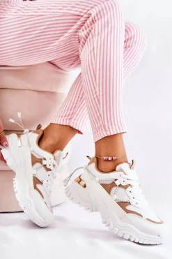 Modne Materiałowe Buty Sportowe Beżowo-Białe Amariso