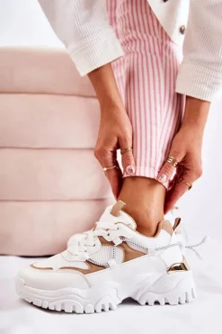 Modne Materiałowe Buty Sportowe Beżowo-Białe Amariso