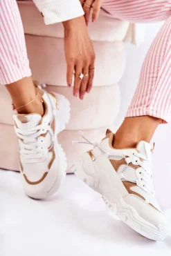 Modne Materiałowe Buty Sportowe Beżowo-Białe Amariso