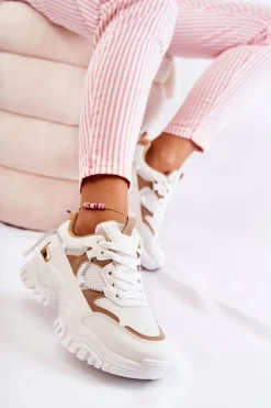 Modne Materiałowe Buty Sportowe Beżowo-Białe Amariso