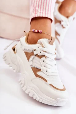 Modne Materiałowe Buty Sportowe Beżowo-Białe Amariso