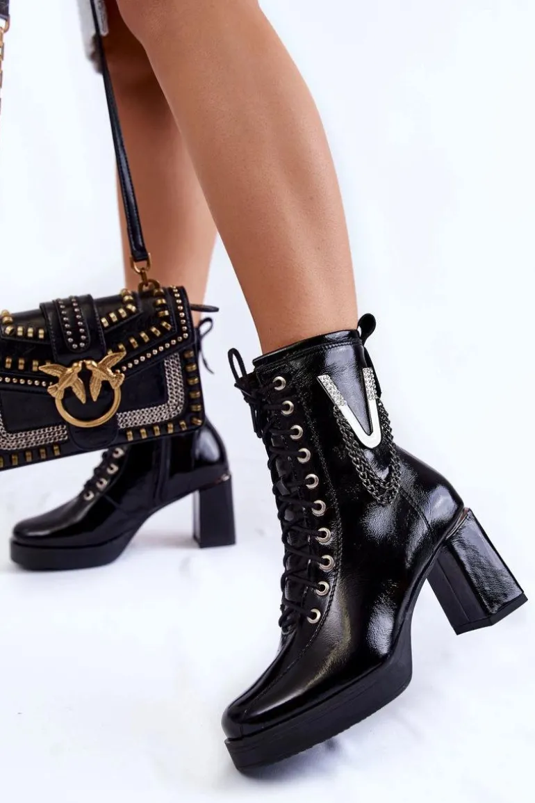 Modne Ocieplane Skórzane Botki Z Ozdobą Czarne Malta