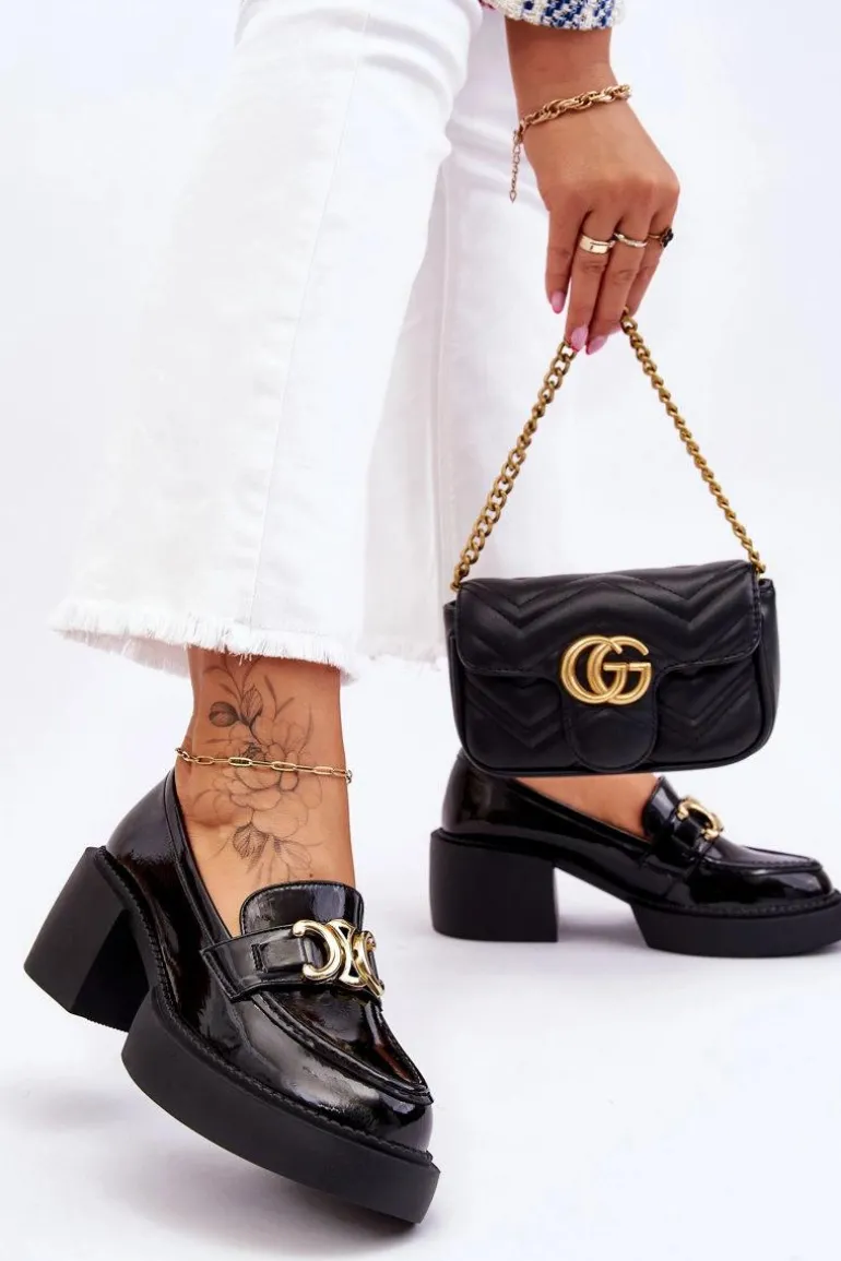 Modne Półbuty Czółenka Na Masywnym Obcasie Czarne Imani