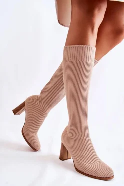 Modne Prążkowane Kozaki Na Obcasie Beżowe Carros