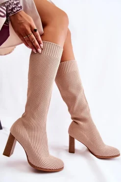 Modne Prążkowane Kozaki Na Obcasie Beżowe Carros