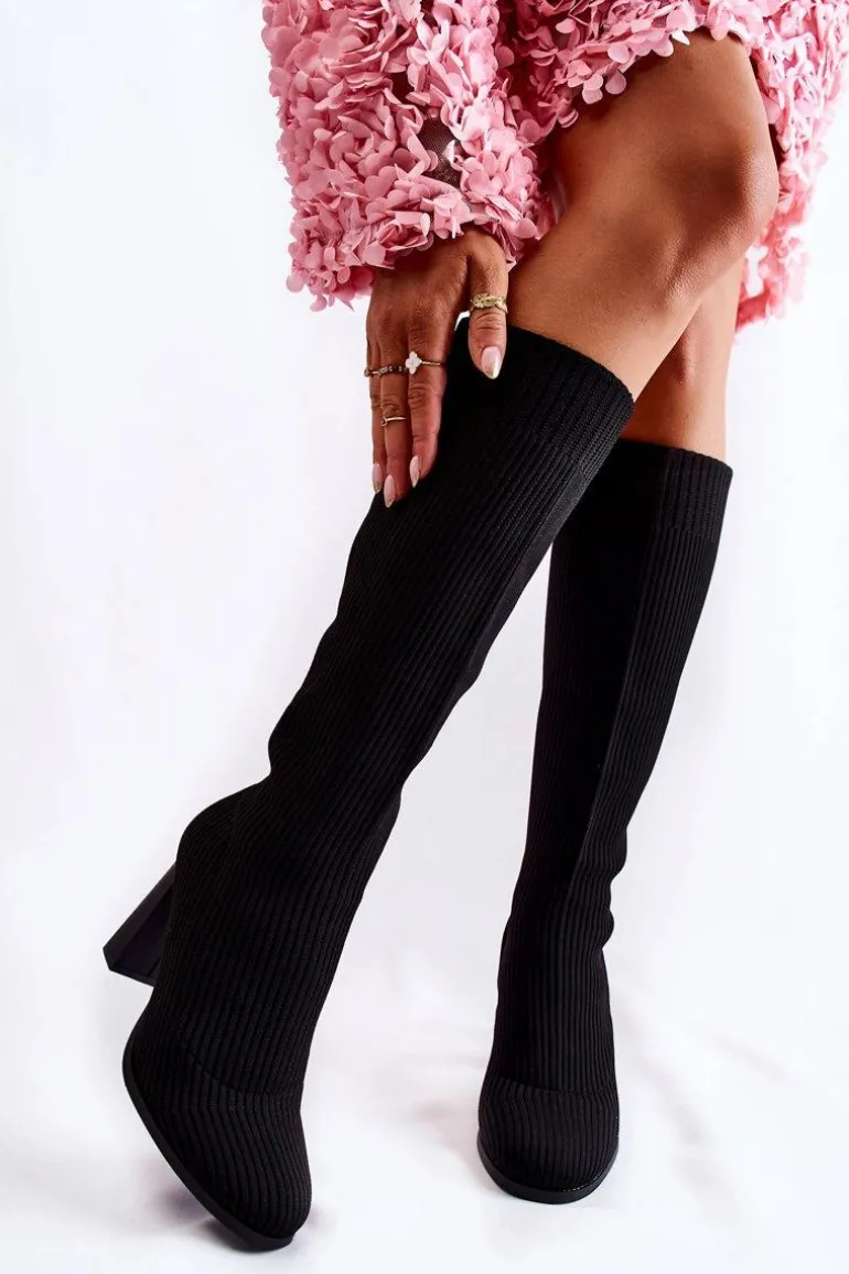 Modne Prążkowane Kozaki Na Obcasie Czarne Carros