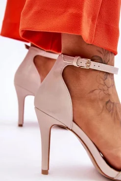 Modne Sandałki Szpilki Holograficzne Beżowe Rayden