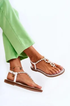 Modne Sandały Japonki Z Perłami Białe Isalia