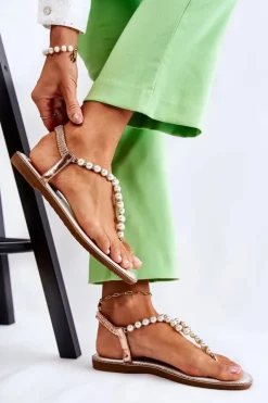 Modne Sandały Japonki Z Perłami Różowe Złoto Isalia