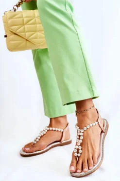 Modne Sandały Japonki Z Perłami Różowe Złoto Isalia