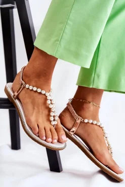Modne Sandały Japonki Z Perłami Różowe Złoto Isalia