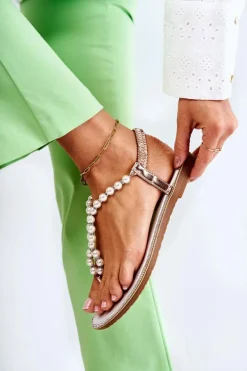 Modne Sandały Japonki Z Perłami Różowe Złoto Isalia