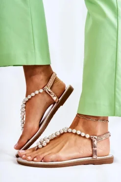 Modne Sandały Japonki Z Perłami Różowe Złoto Isalia